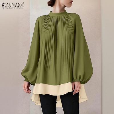 Women Stand Collar Long Sleeve Loose Casual Splice Blouse