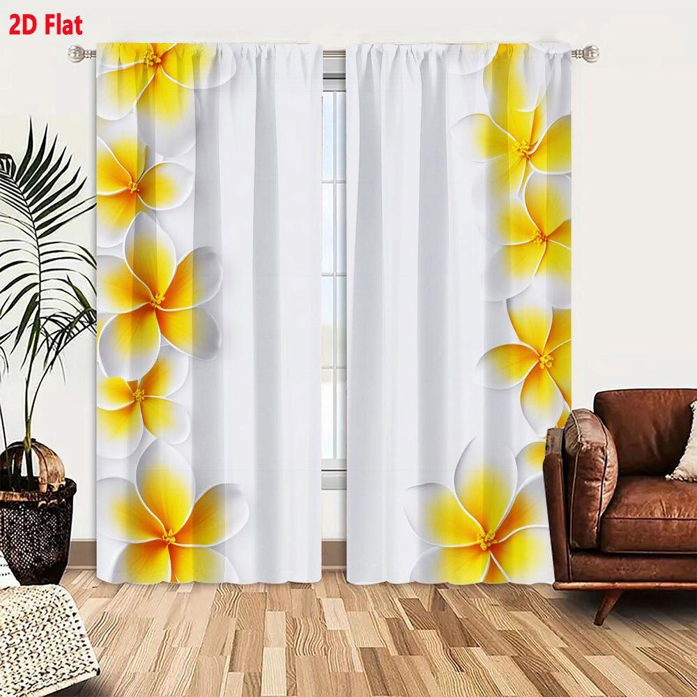 2Pcs Curtain Yellow And White Plumeria Flowers Window Drapes For Bedroom Living Room Decoration Window Treatment.