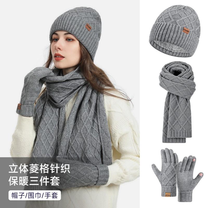 Womens Winter Knit Hat Scarf Gloves Set Double-Layer Warm Fleece Lined Acrylic Accessory Trio Cold Weather