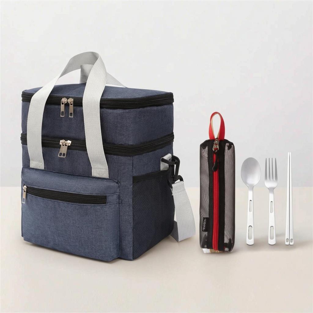 Waterproof Lunch Box Tote Double Layer Cool Bag Shoulder Strap Insulated Women Pack Stainless Steel