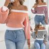 Women Color Block Striped Off Shoulder Lantern Sleeve Waist Cinched Cropped Sweater