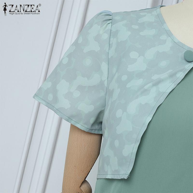 ZANZEA Womens Summer Casual Fake Two Piece Patchwork Short Sleeve Dress