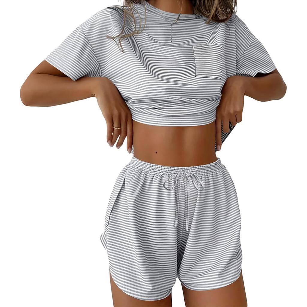Women's Pajama Set Short Sleeve Striped Printed Two-piece Loungewear  Neck Pajamas Split Shorts Set Soft Sleepwear