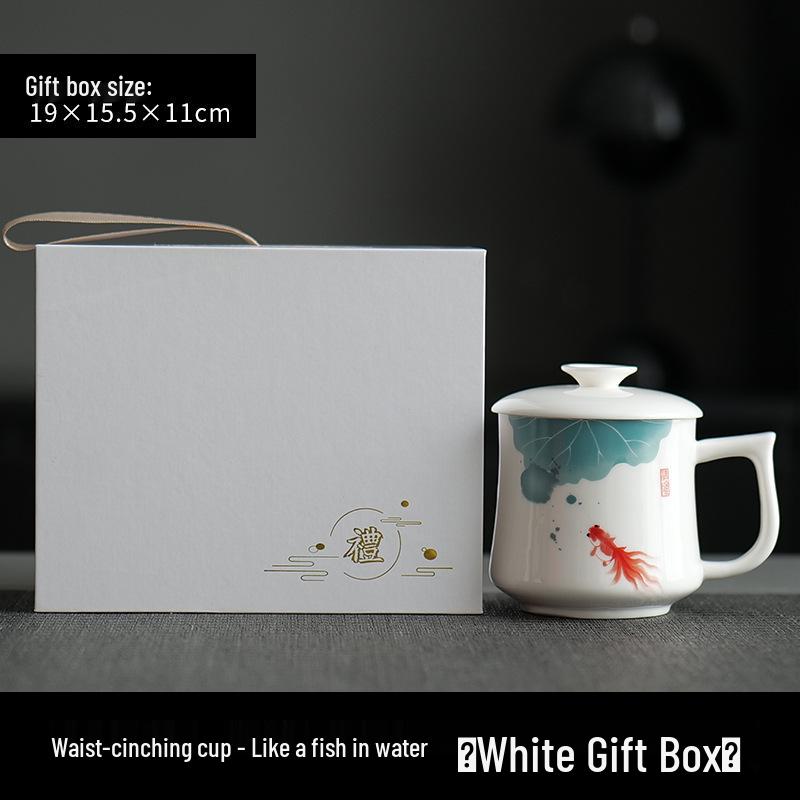 Jade Conference Sheep Fat Porcelain Tea Cup with Lid – White Ceramic Mug for Home and Office, Ideal Gift