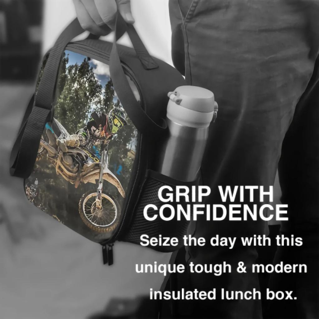 Jumping Motocross Rider Lunch Box Insulated Meal Bag Exciting Motorcycle Race Lunch Bag Food Container for School Travel Picnic
