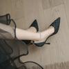 Mode 2024 Neue Mode Perlenriemen High Heels Damen Stilettoabsatz Spitze Pumps
