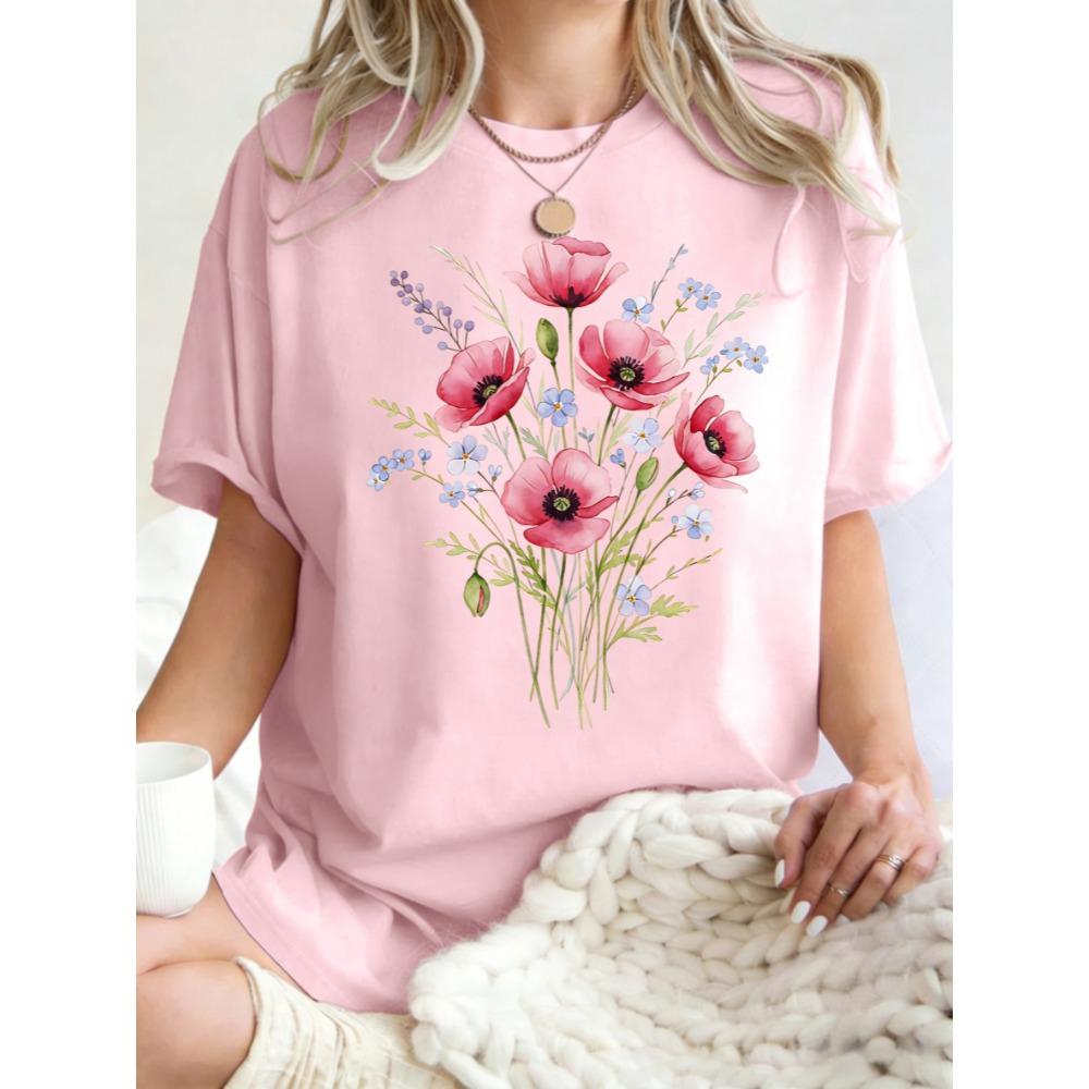 Beautiful Watercolor Flowers Print Womens T Shirt Cotton Oversize T-Shirts Summer Breathable Short Sleeves Sport Top