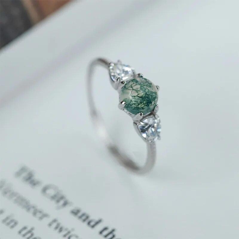 Unique Heart Natural Stone Texture Different Green Moss Grass Agate Vouple Flower Ring For Women Sterling Silver Gift Jwelry