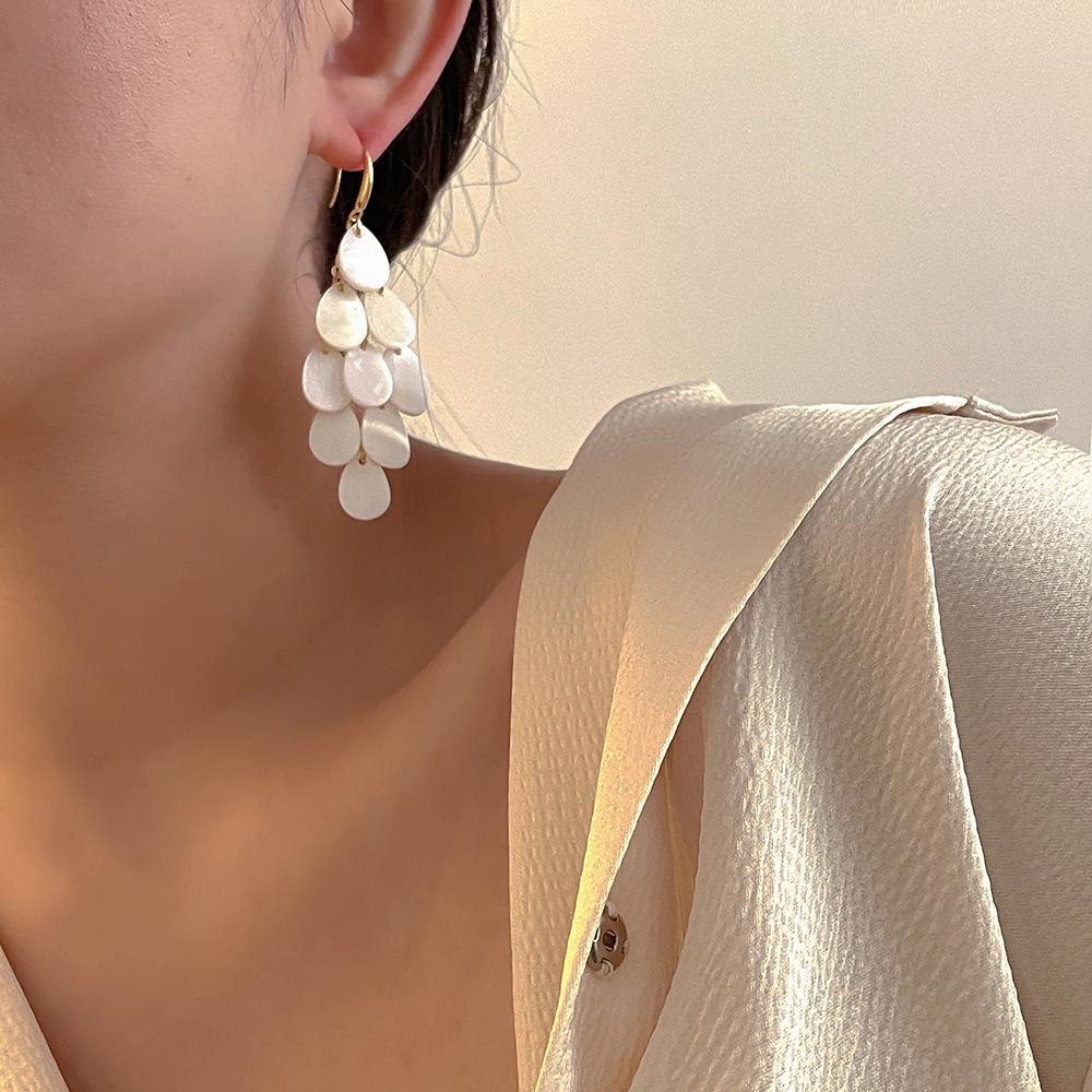 Korean-Style Water Drop Shell Tassel Earrings for Women