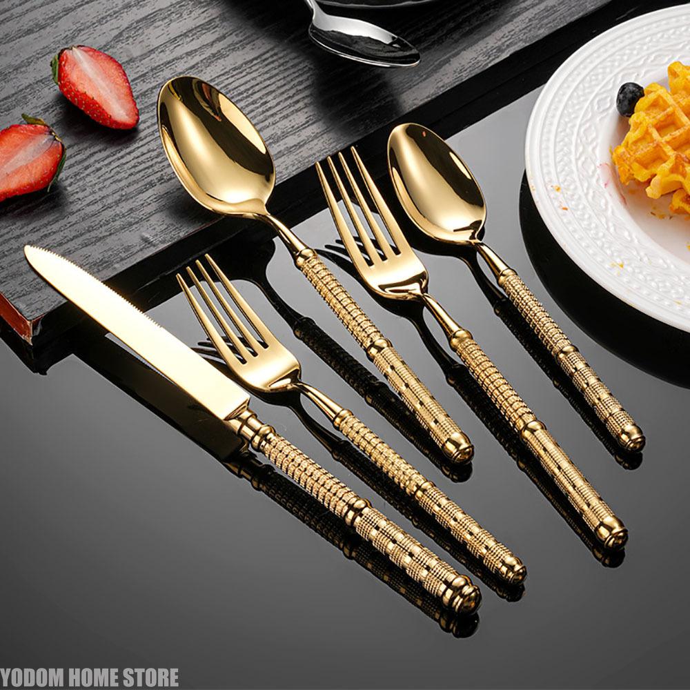 Light Luxury Stainless Steel Tableware Embossed Floral Pattern Knife Fork Spoon Set Durable Silverware for Home Restaurant