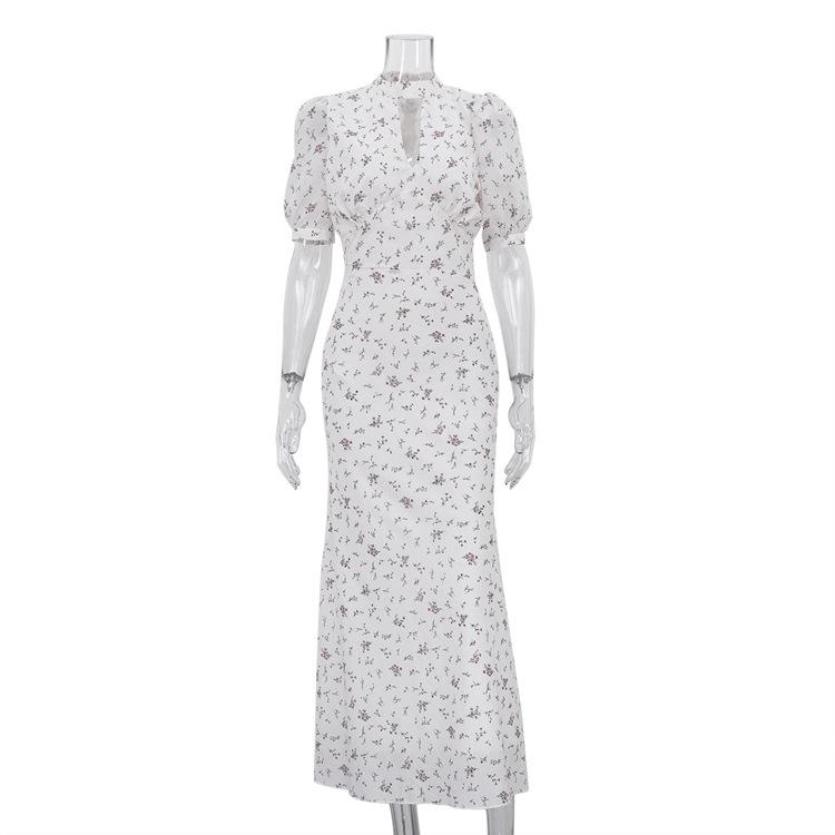 women's Ditsy Floral Print Cutout Stand Collar Puff Short Sleeve High Waist Bodycon Mermaid Maxi Dress Elegant Party Long Dress