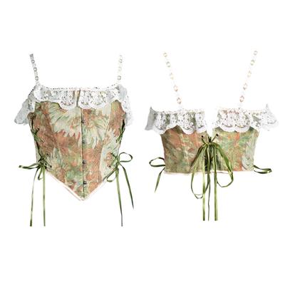 Tops Corsé Para Mujer Para Salir Bustier Floral Con Cordones para Camisetas Sin Mangas Crop Top Corsé Moldeador de Cintura Con Tirantes