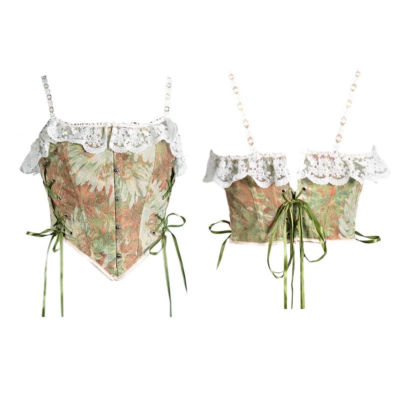 Tops Corsé Para Mujer Para Salir Bustier Floral Con Cordones para Camisetas Sin Mangas Crop Top Corsé Moldeador de Cintura Con Tirantes