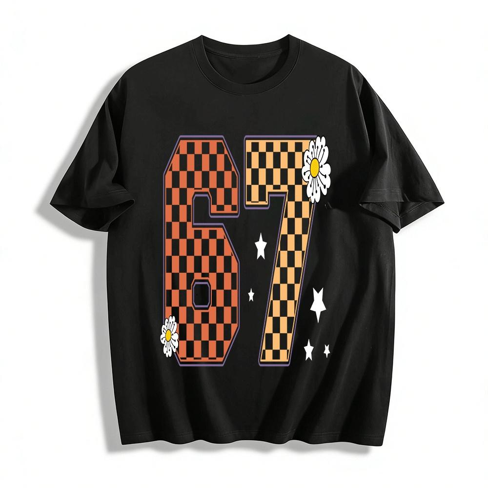 Retro Checkerboard 67 Print Casual Loose Unisex T-Shirt Pure cotton T-shirt XXS