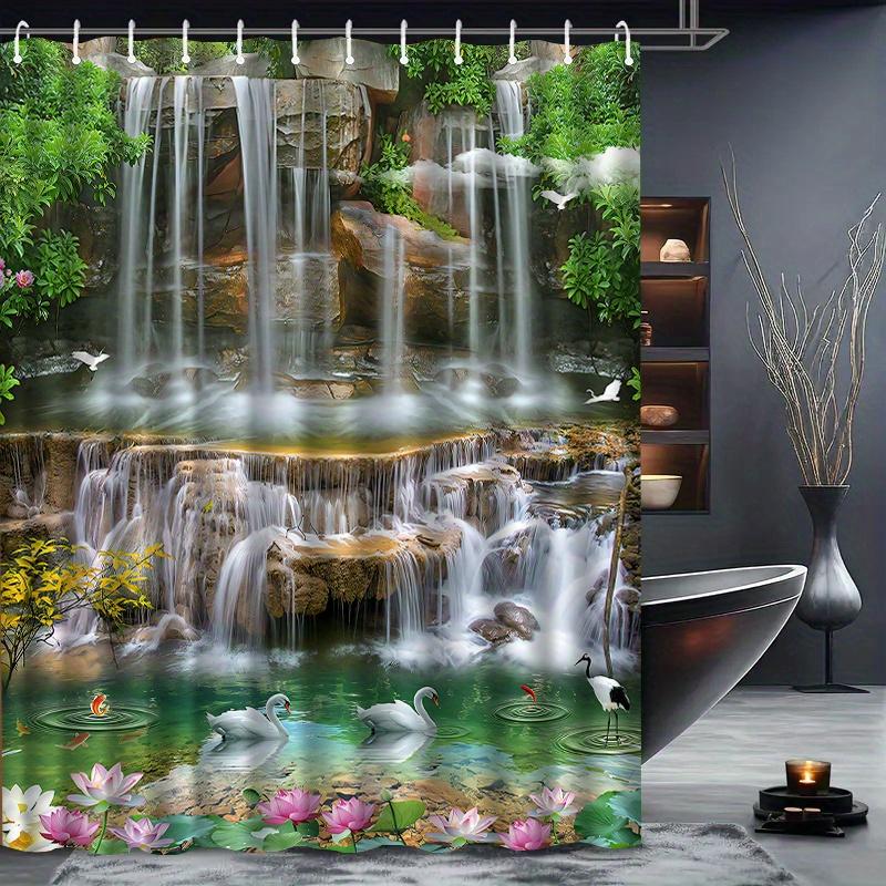 

Waterfall Swan Lotus Shower Curtain Nature Landscape Art Bathroom Decor Zen Garden Bath Curtains For Modern Home Interior W60H190(CM)-1 Pcs