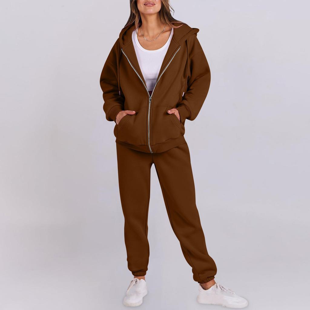 Women's Fashion Hooded Long Sleeve Color Zipper Elastic Waist Loose Sweatshirt Set