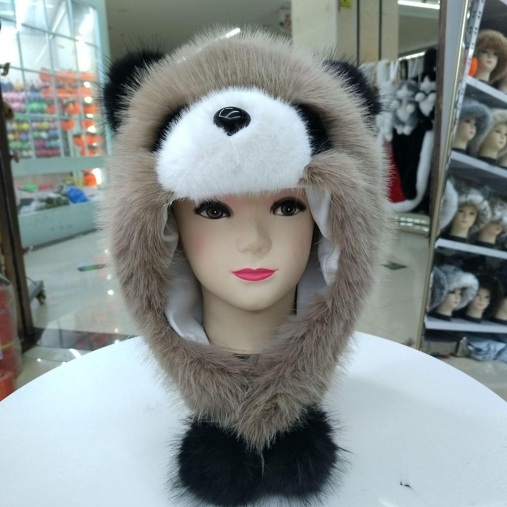 Large Faux Fur Panda Earmuff Hat - Enhances Face Slimness, Winter Warmth, Ideal for Outdoor Photography.