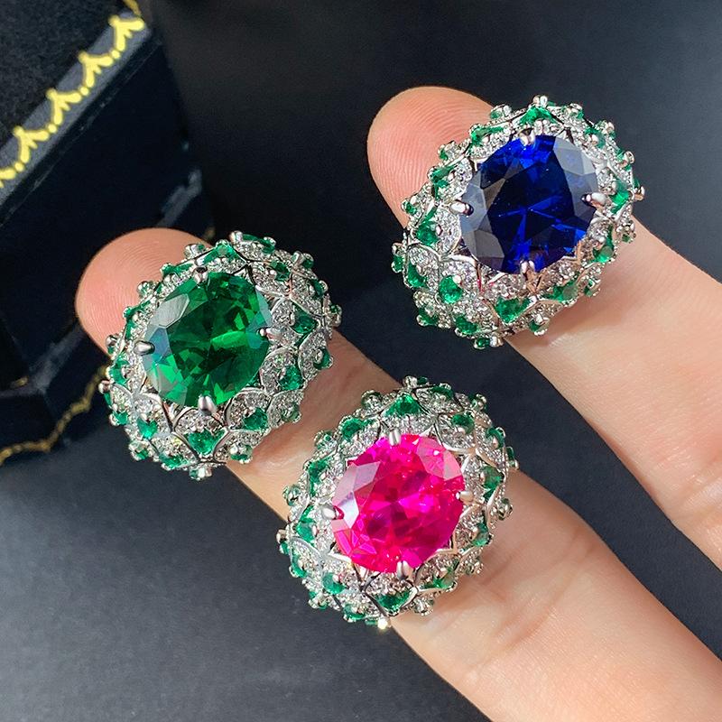 New Jewelry Ring Female Simulation Red Corundum Grandmother Green Blue Pointed Crystal Full Luxurious Setting High-end Women's