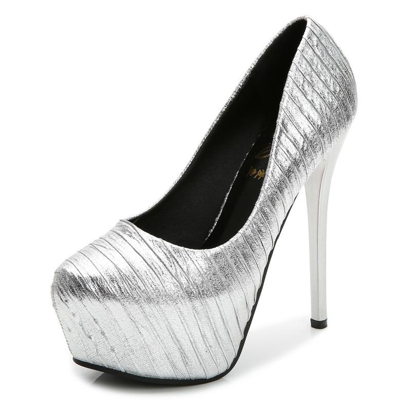 

Супер высокий каблук тонкий каблук круглый носок неглубокий вырез туфли-лодочки водонепроницаемая таблица плиссированная ткань женская обувь 40 серебряный