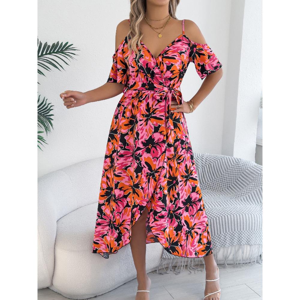 Spring Summer Strapless Cross V Neck Floral Halter Long Holiday Dresses Women