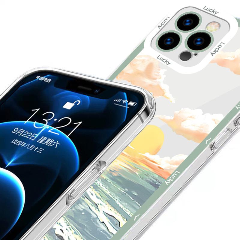 Apple 11 oil painting landscape iPhone art case for 12/13/14 transparent design featuring seaside sunrise for MAX model