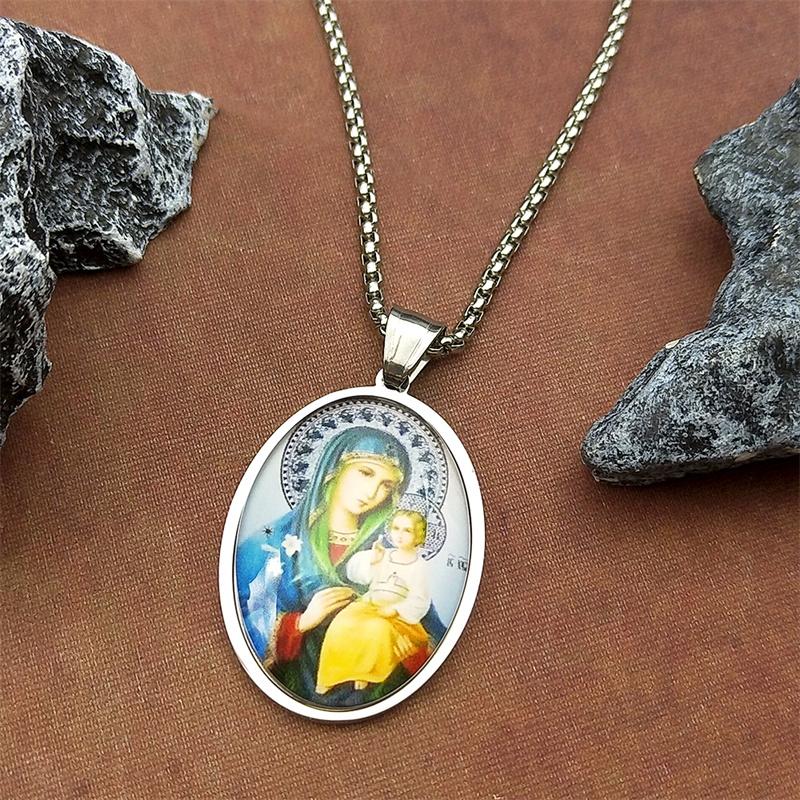 Virgin Mary Baby Jesus Glass Medal Pendant Necklace for Women Men Stainless Steel OUR LADY Catholic Amulet Chain Jewelry Gift