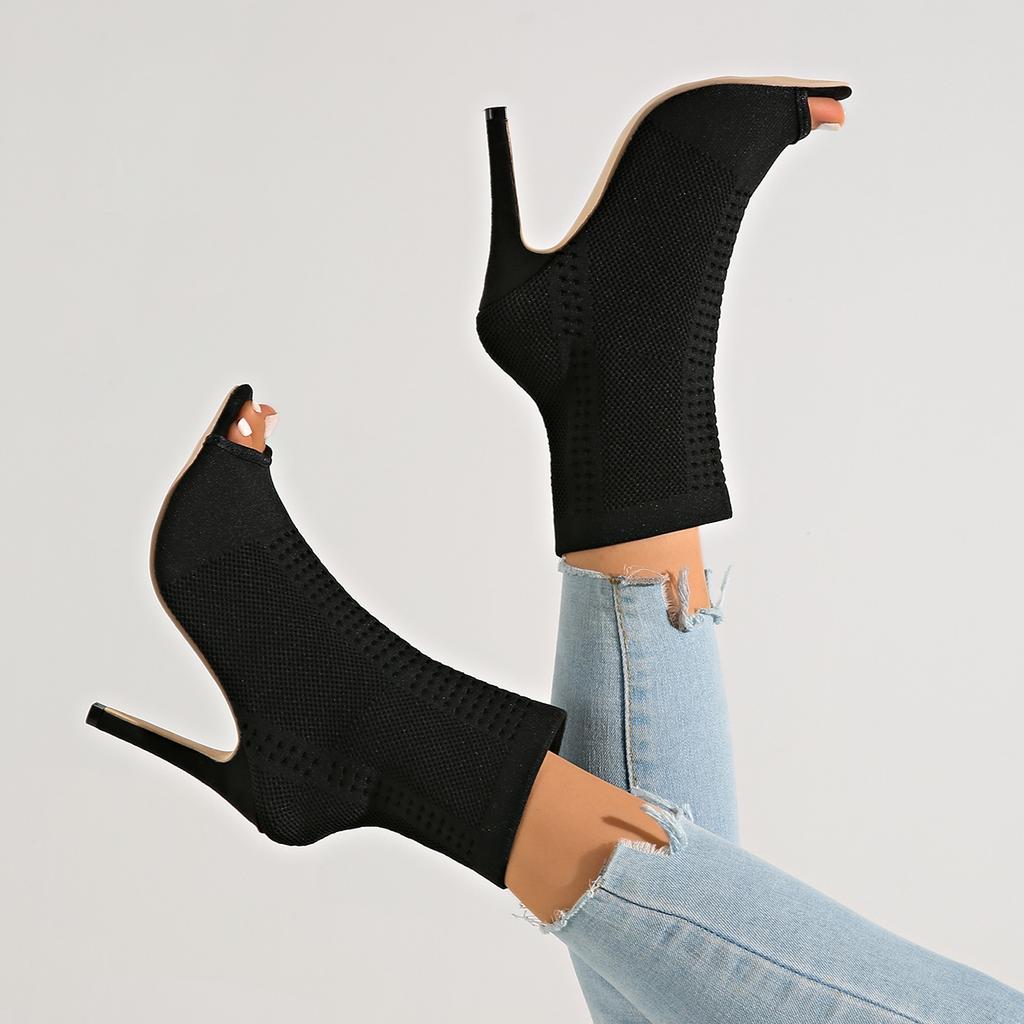 Women Sandals Hollow Out Breathable Dress Shoes for Women Peep Toe Knitting Ankle Boots Ladies High Heels Dance Shoes