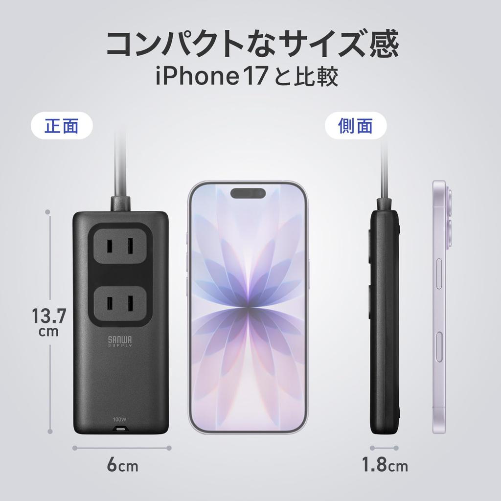 Sanwa Supply USB PD 100W GaN Slim Power Strip with 2 AC Outlets, 2 x USB-C, 1 x USB-A, Fast Charging for Laptops and Smartphones, Slim 18mm L-shaped P