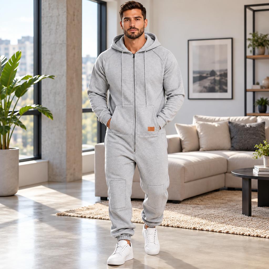 Men's Hooded Cargo Jumpsuit with Multi Pockets, Zip Front and Jogger Cuffs, One-Piece Coverall