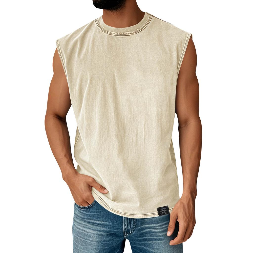 Maglietta da uomo vintage lavata a girocollo senza maniche, vestibilità casual comoda, tessuto morbido, stile classico