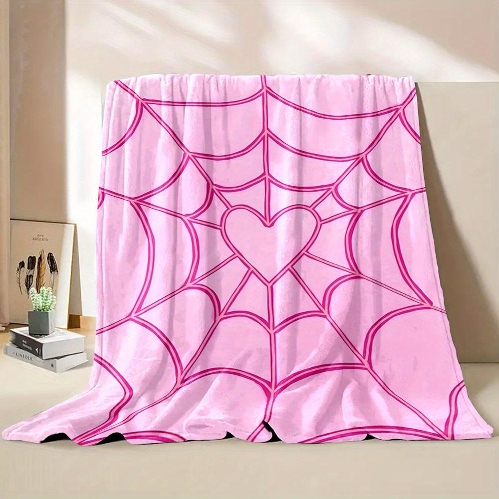pink heart spider web design flannel throw blanket, reusable all season cozy cover, polyester, nonwoven, digital print, country