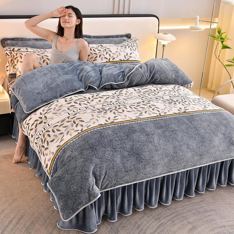 Thickened Milk Fleece Four-Piece Coral Fleece Quilt Cover, Bed Sheet Fleece Double-Sided Fleece Flannel Bedding, Bed Skirt