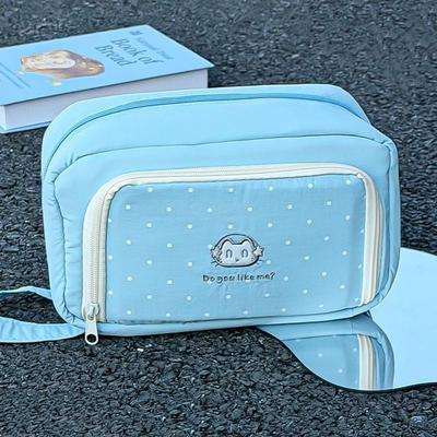Cloth Cosmetic Storage Bag with Lanyard Cartoon Stationery Bag Aesthetic Polka Dot Cat Print Toiletry Bag Stationery Holder