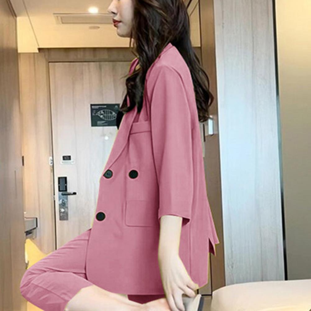Women Suit Coat Lapel 3/4 Sleeve Double Breasted Suit Jacket Solid Color Loose Fit Flap Pockets Business Outwear