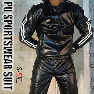 Tuta da uomo in pelle PU con cappuccio Abbigliamento sportivo casual Tuta da jogging con cappuccio Abbigliamento sportivo Abbigliamento sportivo da uomo nero XS-5XL