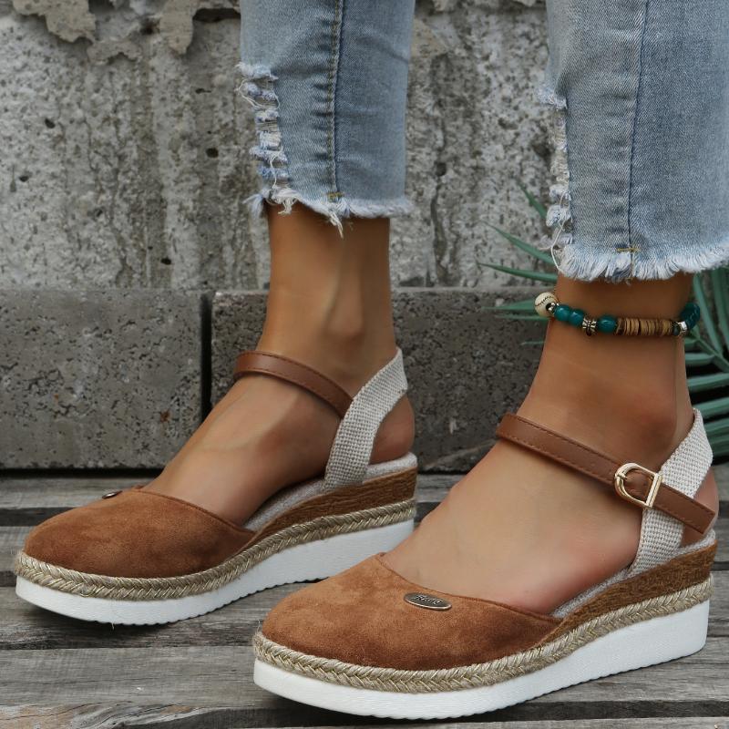 Sommer Damen Leinen Uni 6cm Keilsandalen Bohemian Handarbeit Damen Lässig Bequem Espadrilles Plateau Pumps Schuhe