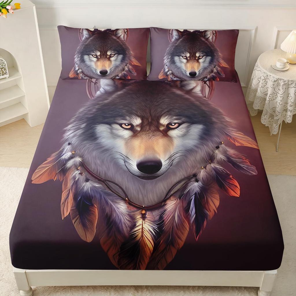 Animal Print Wolf Printed Bed Fitted Sheets Set with Deep Pocket 30cm, Soft Microfibre Bedding Sheets for Single Double Size