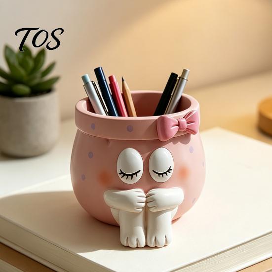 Unique Birthday Gifts for Girls Cute Cartoon Girl Pen Holder, Resin Makeup Brush Decorative Desktop Storage Accessories Organizer with Bow Design,