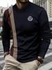 Herren Crew-Neck Langarm-T-Shirt, Gestreiftes Adler-Emblem-Print, Atmungsaktives Lässiges Oberteil