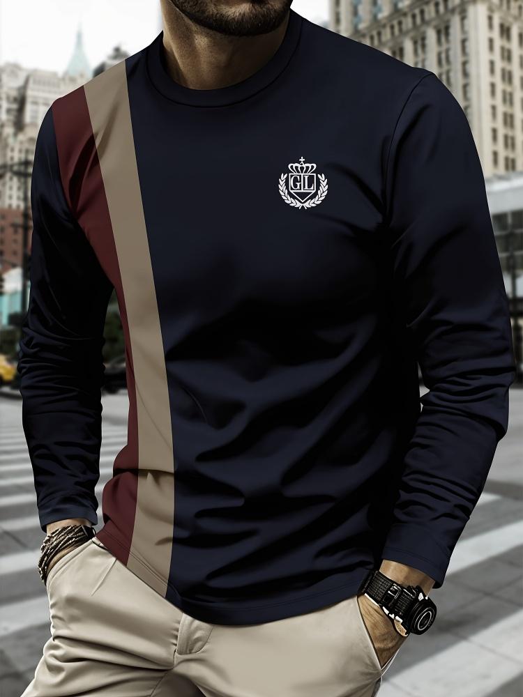 Herren Crew-Neck Langarm-T-Shirt, Gestreiftes Adler-Emblem-Print, Atmungsaktives Lässiges Oberteil