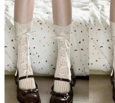 Hollow Beige Lace with Bow Mid-tube Socks Children's Summer Thin Straps Calves Stacked Mesh Socks Mary Jane