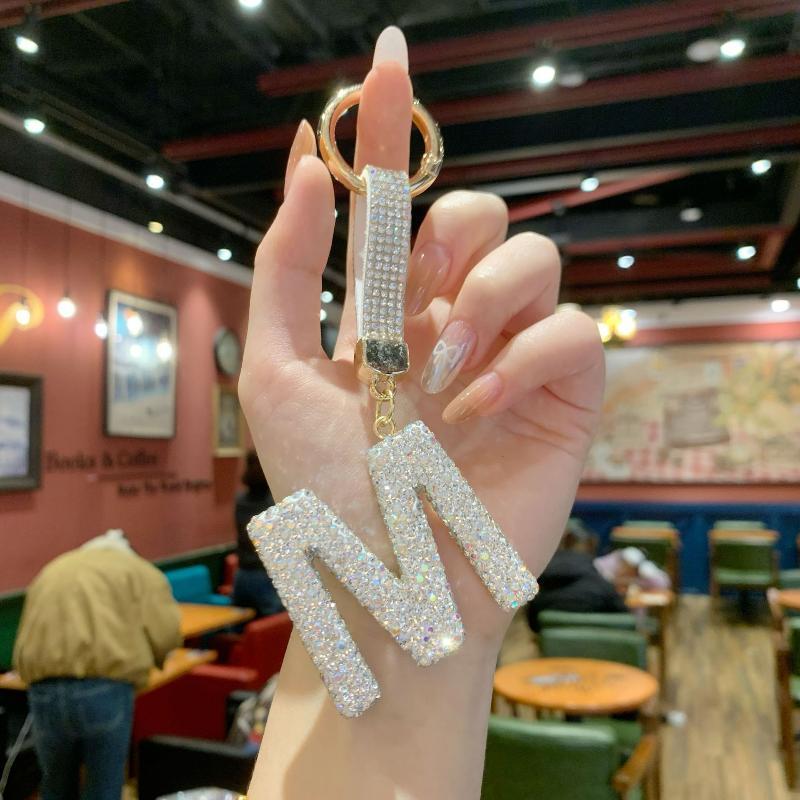 Trendy Letter Key Ring Sparkly Crystal Rhinestone Decor Keychain for Women Purse Car Key Accessory Gift