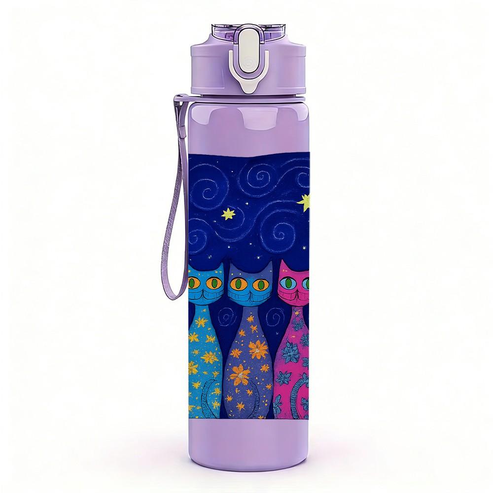 1PC Colorful Cat Tower Night Sky Pattern 750ml Color Plastic Sports Water Bottle Leakproof Flip Straw Lid Suitable for Sports Office Home Use