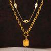18K Gold-Plated Titanium Steel Eye of the Devil Portrait Square Pendant Double Layer Necklace for Women