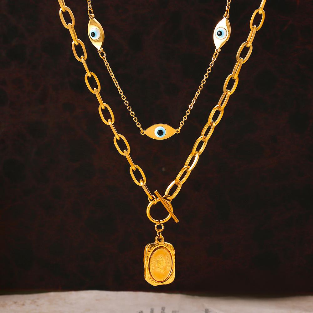 18K Gold-Plated Titanium Steel Eye of the Devil Portrait Square Pendant Double Layer Necklace for Women