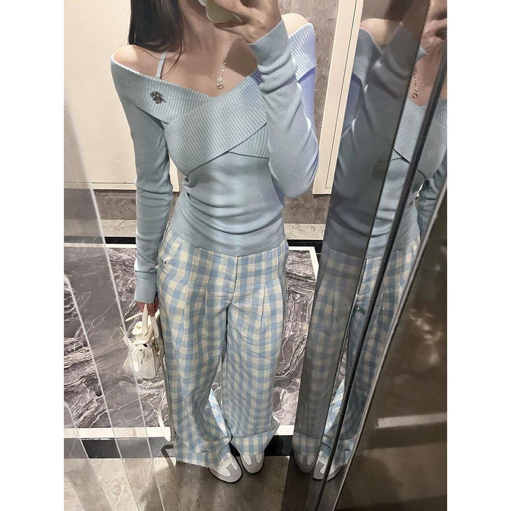 French Slim Fit Off-Shoulder Sweater: Solid Color, Irregular Knit Design for Women - Autumn/Winter Collection
