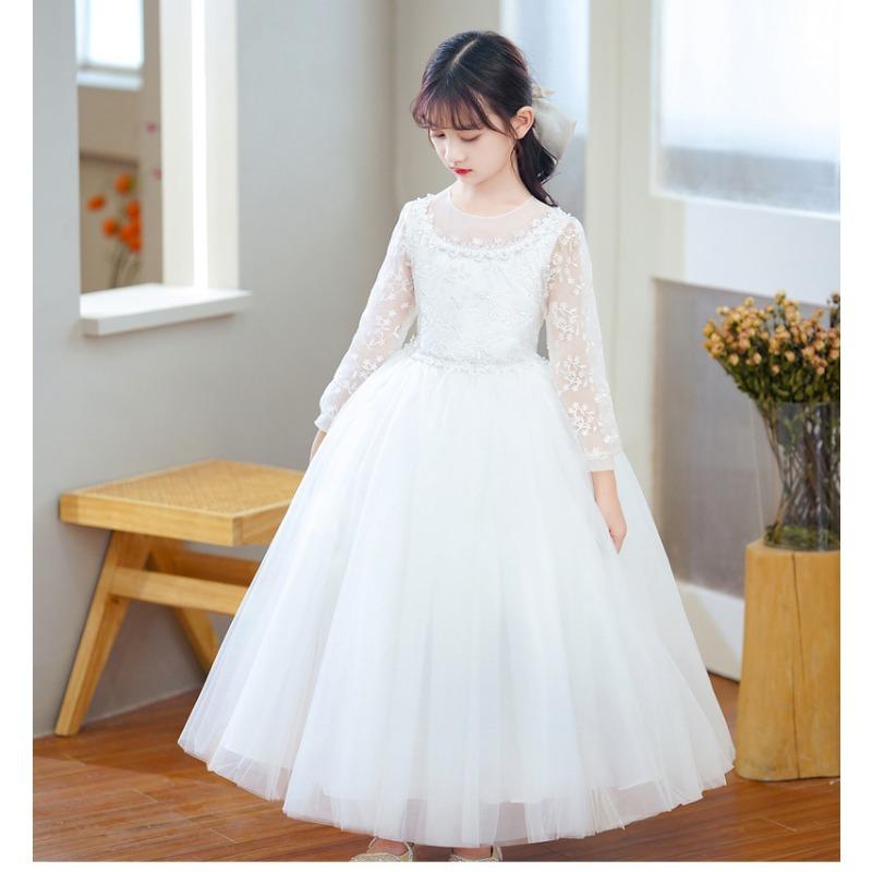 Kids Girls Long Sleeve Embroidered Tulle Puffy Formal Party Dress
