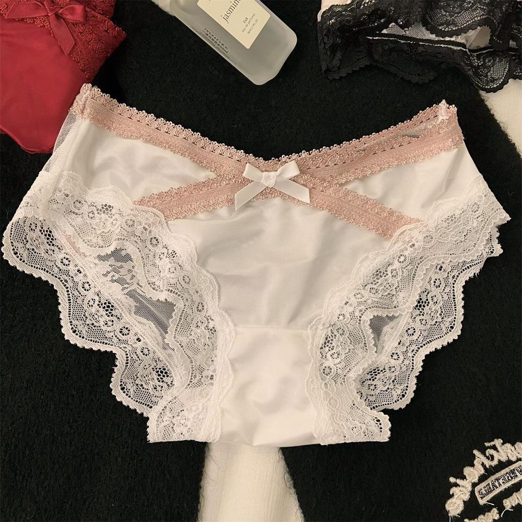 Jiao Wan Sheng Xiang Fransk Satinsnörning Mellanhöga Damtrosor: Andningsbara, Sexiga, Trosor med gren i ren bomull