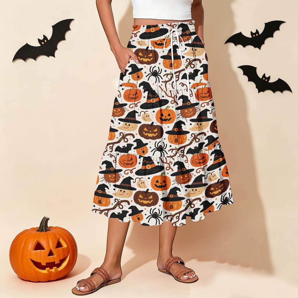 Women's Casual Stretch Waistband Drawstring Halloween Print Half-length Skirt