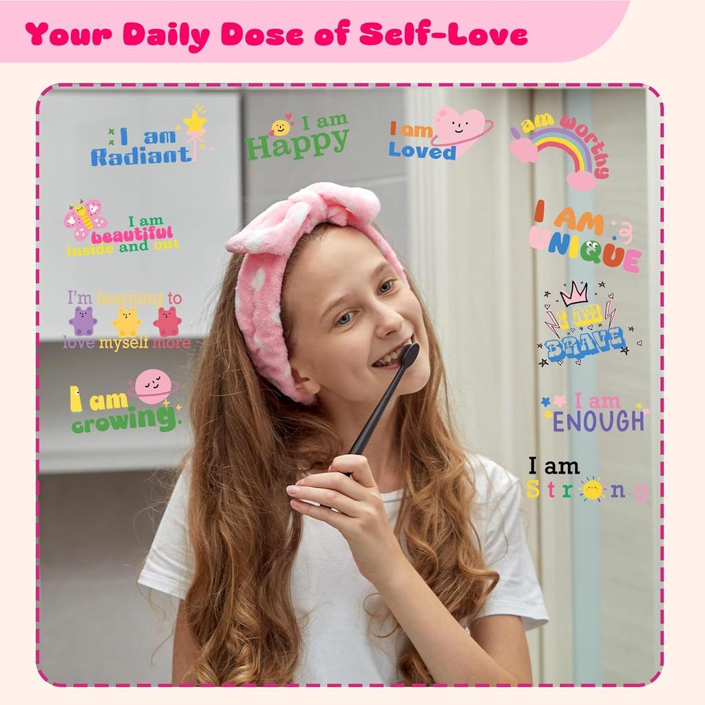 11 Positive Affirmation Mirror Stickers | Reble Static Decals with Motivational Quotes | Teen Girl Gift for Pirational Bathroom Mirror & Window Decor